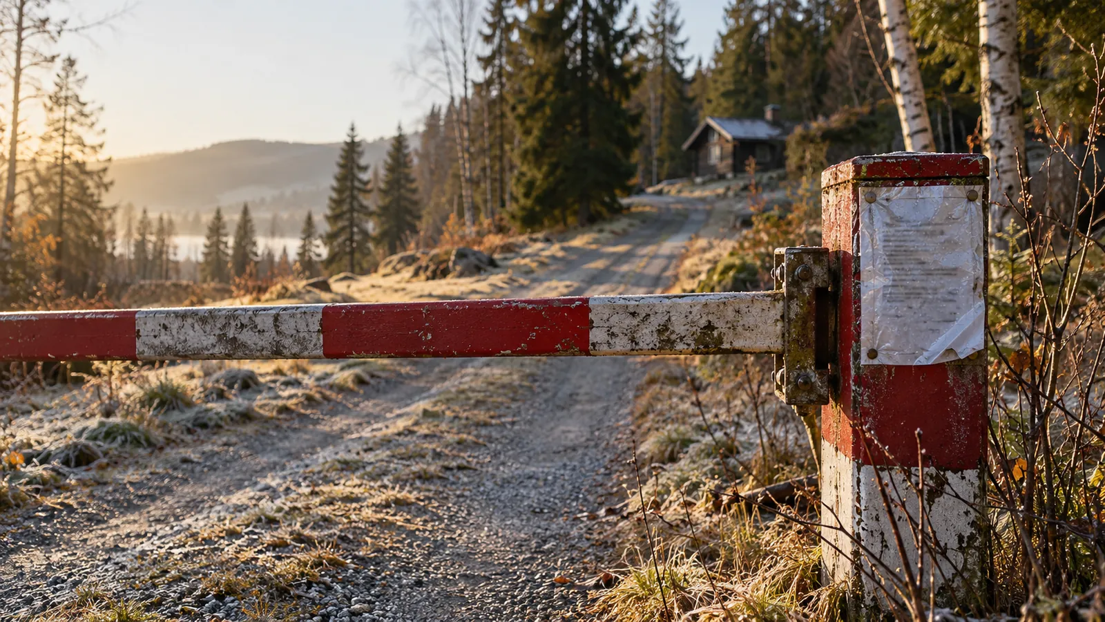 Rød og hvit bom på en grusvei inn til et hyttefelt, med en lapp festet på stolpen.
