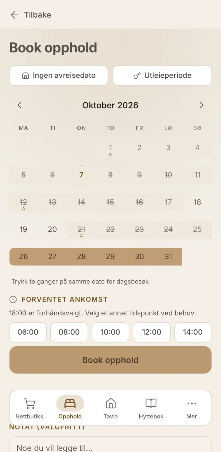 Book opphold i LUMO med kalender og valgte datoer