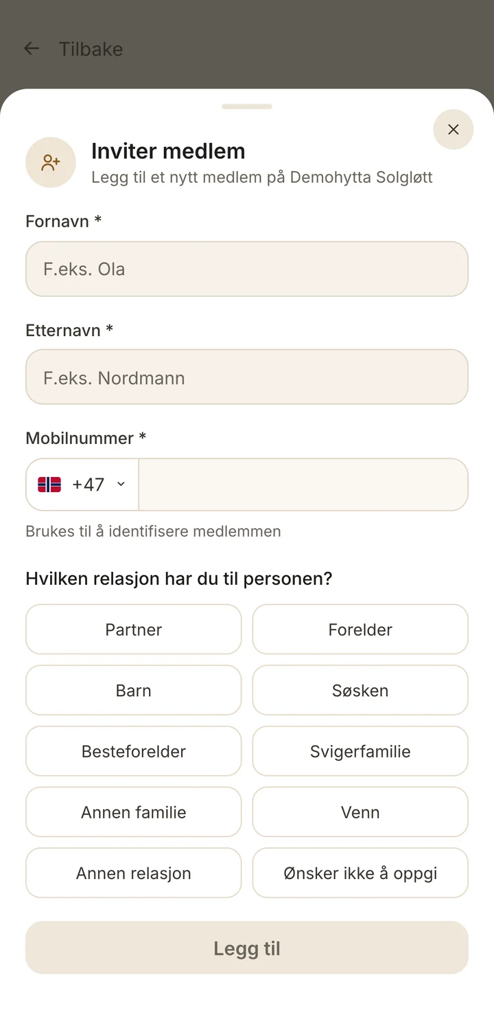Inviter medlem i LUMO med navn, mobilnummer og relasjon